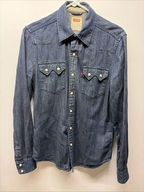 Levis Blue Denim Western Shirt Barstow Pearl Snap Men’s Size Small Retro Cowboy
